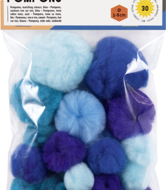Pom poms, 30 stuks, gemengde blauwtinten.