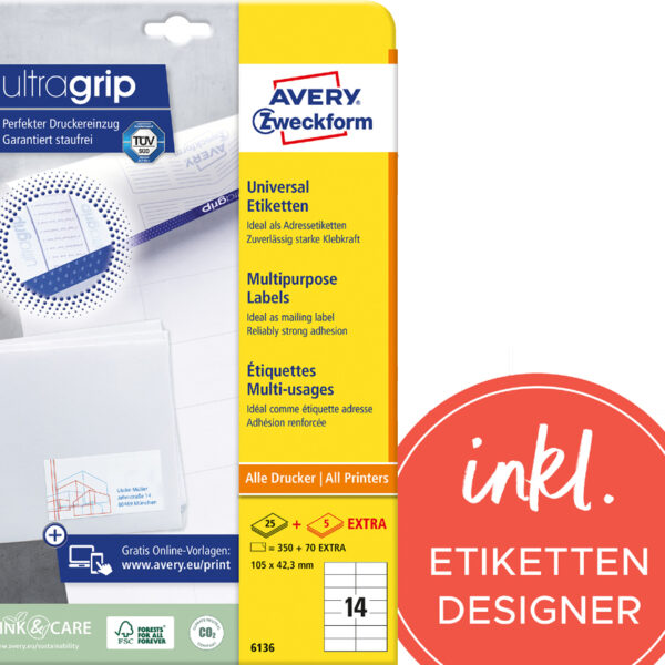 AVERY Zweckform universele etiketten, 105 x 42,3 mm, wit, 30 vel, permanent