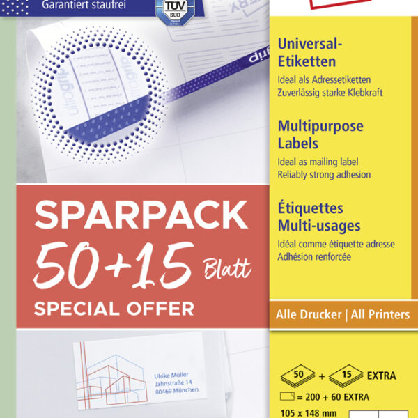 AVERY Zweckform universele etiketten, 105 x 148 mm, 50+15 vel
