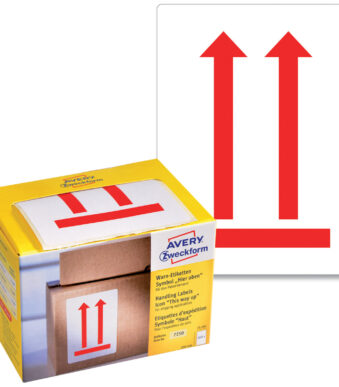 AVERY symbool waarschuwingsetiket, 'deze kant boven' op rol, permanent, neonrood