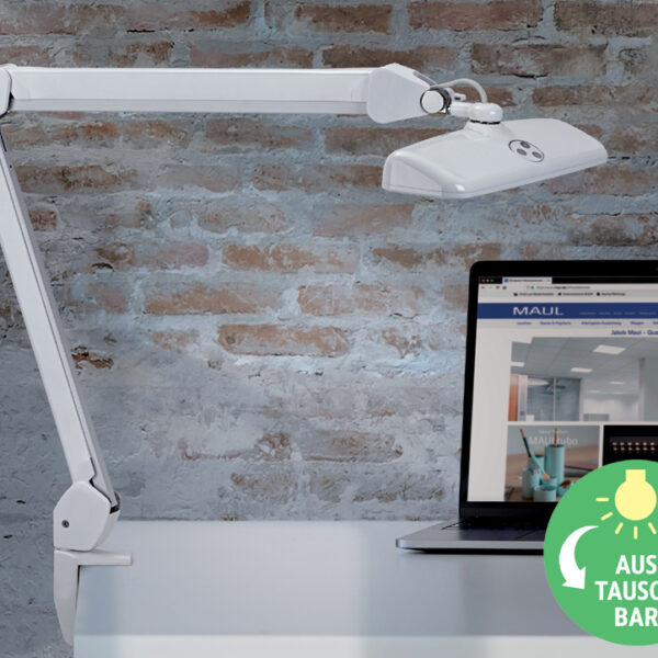 MAUL LED-Arbeitsplatzleuchte MAULintro, dimbaar, klemvoet, wit