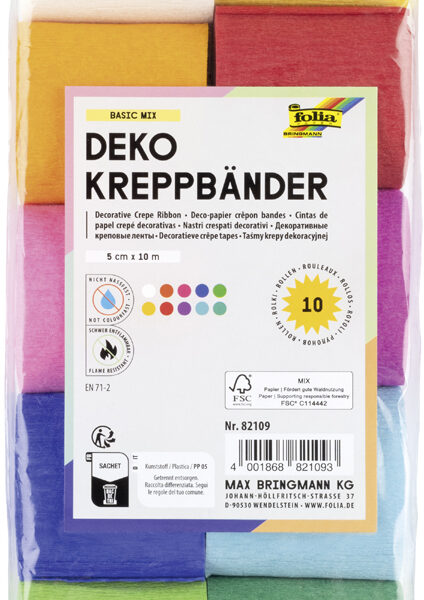 folia crepe papier strook, (B)50 mm x (L)10 m, kleuren assorti