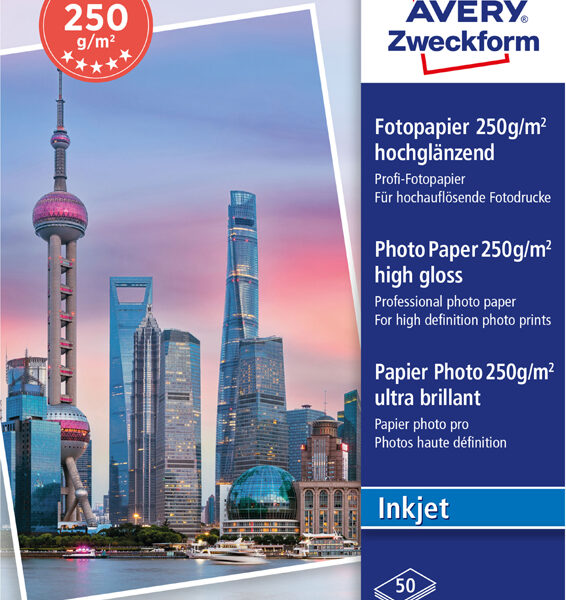 AVERY inkjet fotopapier PREMIUM, 10 x 15 cm, 250 g/m2, hoogglanzend, 50 vel