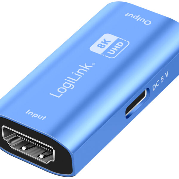 LogiLink HDMI Repeater, 8K/60 Hz, aluminiumbehuizing, blauw