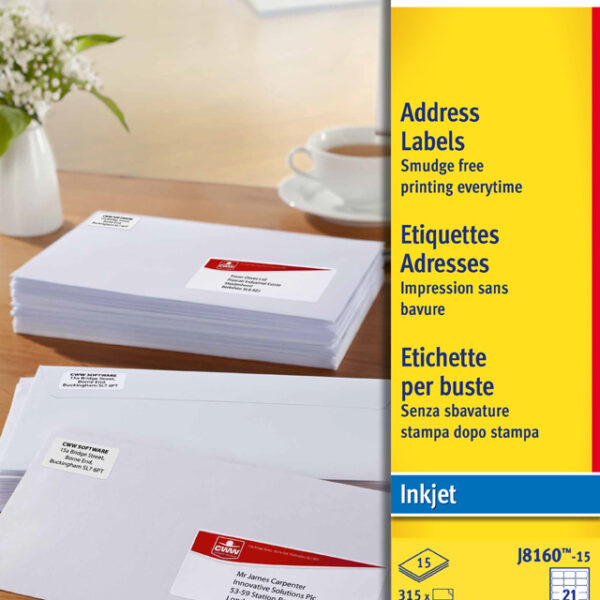 Avery adresetiketten voor inkjetprinter, 63,5 x 38,1 mm, wit