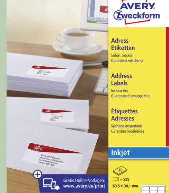 AVERY inkjet adresetiketten, 63,5 x 38,1 mm, 25 vel A4, permanent, wit