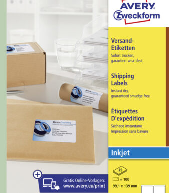 AVERY inkjet verzendetiketten, 99,1 x 139 mm, 25 vel A4, permanent, wit