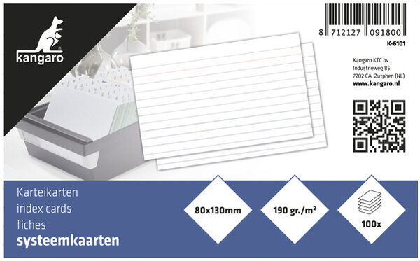 kangaro systeemkaarten, 130 x 80 mm, gelinieerd, wit