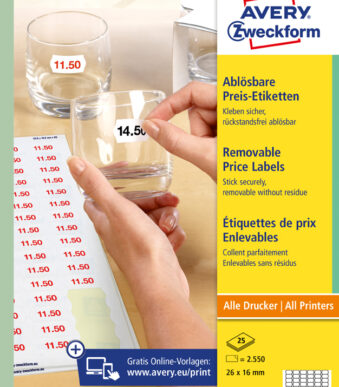 AVERY Zweckform Stick+Lift prijs-etiketten, 26 x 16 mm, wit, verwijderbaar
