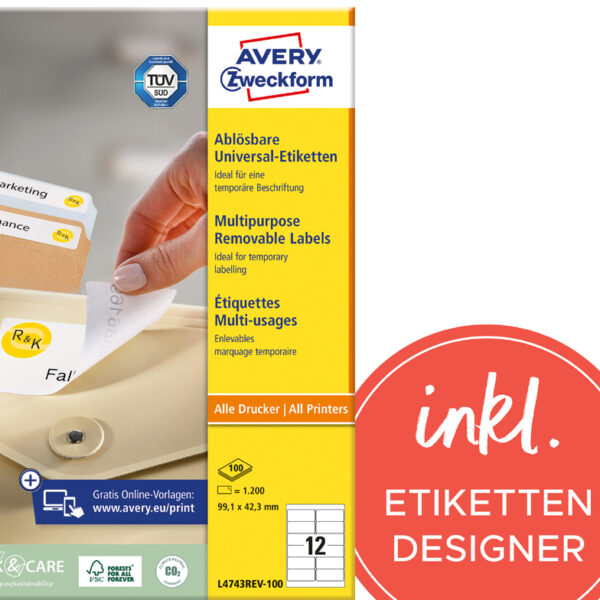 AVERY etiketten, 99,1 x 42,3 mm, wit, 100 vel, verwijderbaar