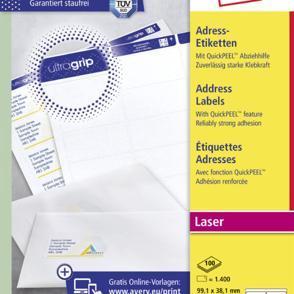 AVERY QuickPEEL etiketten, 99,1 x 38,1 mm, permanent, 100 vel A4