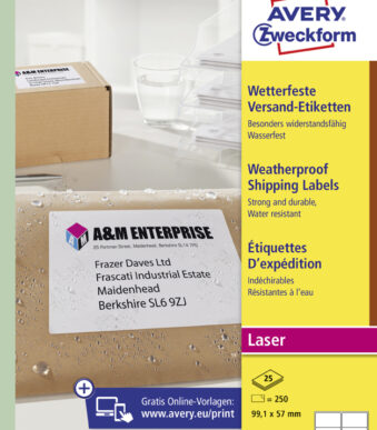 AVERY weersbestendige verzendetiketten, 99,1 x 57 mm, 25 vel A4, permanent, wit