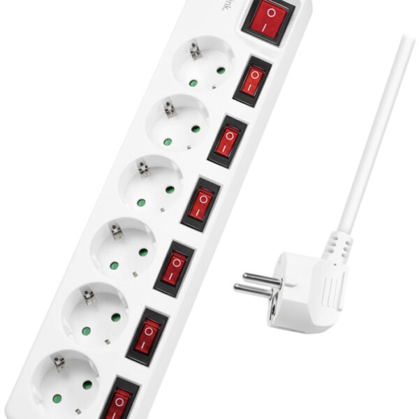 LogiLink stekkerdoos, 6 aansluitingen, individuele en hoofdschakelaar.