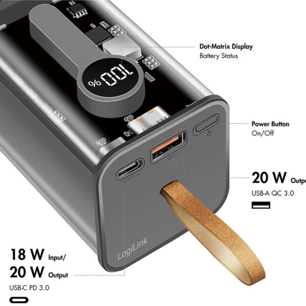 LogiLink powerbank met display, 20.000 mAh, zwart