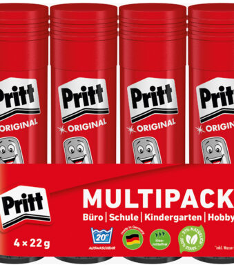 Pritt lijmstift 4 x 22 g voordeelverpakking, zonder oplosmiddelen.