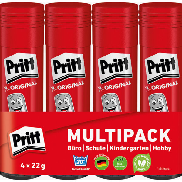 Pritt lijmstift 4 x 22 g voordeelverpakking, zonder oplosmiddelen.