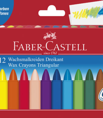 Faber-Castell driekleurige wasknodserkrijtjes, etui met 12 stuks.