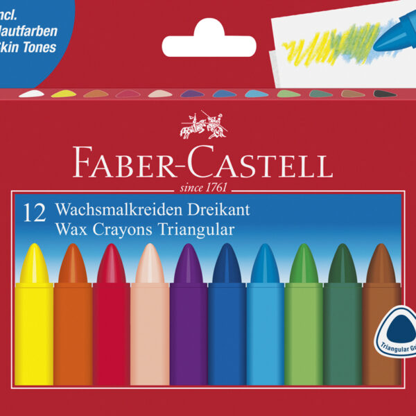 Faber-Castell driekleurige wasknodserkrijtjes, etui met 12 stuks.