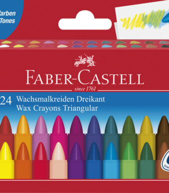 Faber-Castell driehoekige waskleurpotloden, kartonnen etui met 24 stuks.