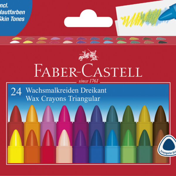 Faber-Castell driehoekige waskleurpotloden, kartonnen etui met 24 stuks.