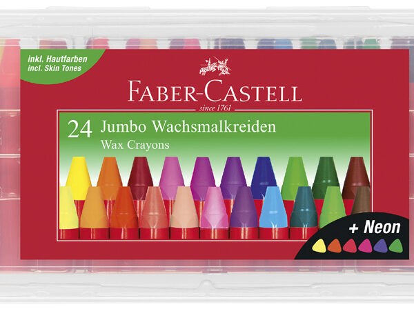 Faber-Castell driehoekige waskleurkrijtjes jumbo, etui met 24 stuks.