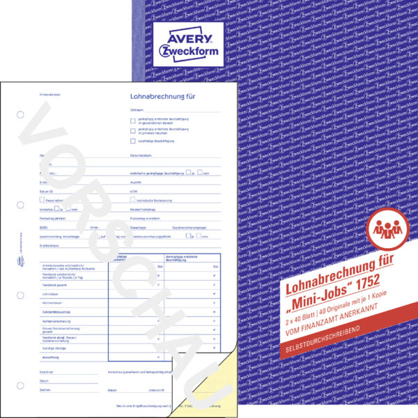 Avery Loonboekje Minibaantje, A4, Met Carbon