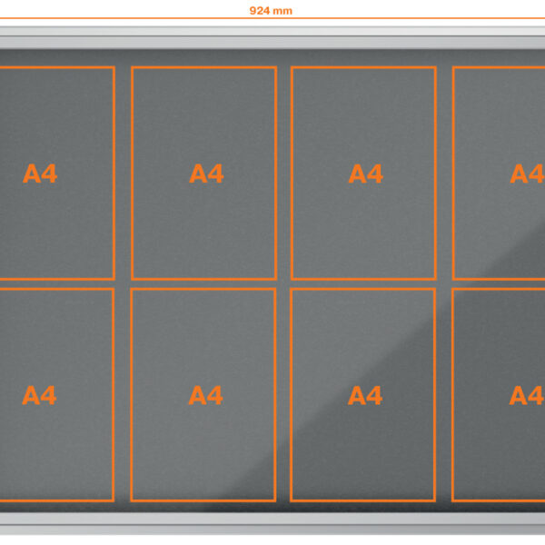 Vitrinekast Premium Plus, viltachtergrond, voor 8 A4-maten, grijs