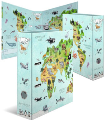 Kinderatlas-ordner met wereldkaartmotief, formaat A4.