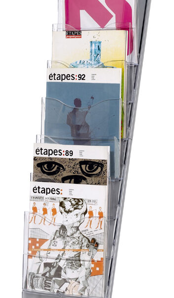 Papierstroomvloerbrochurehouder, 7 vakken, aluminium-kleurig.