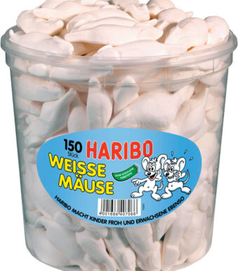 Haribo witte muisjesfruit-en-schuimgom, rond blik 150 stuks.