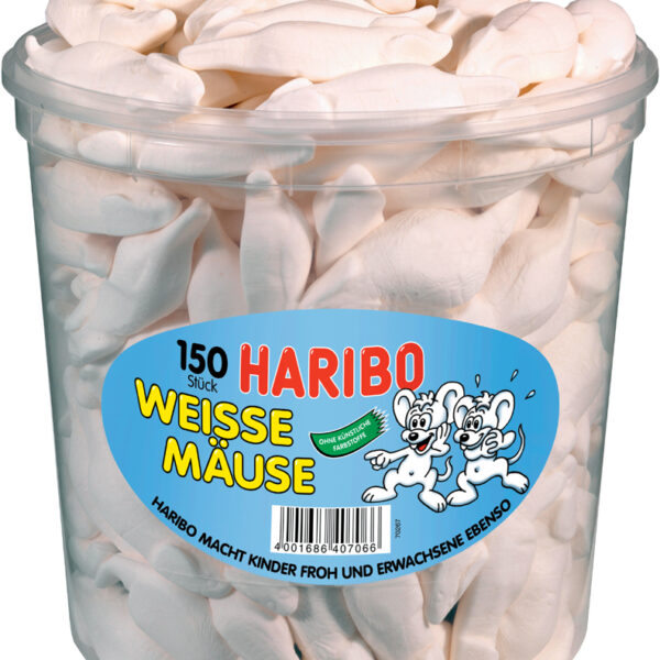 Haribo witte muisjesfruit-en-schuimgom, rond blik 150 stuks.