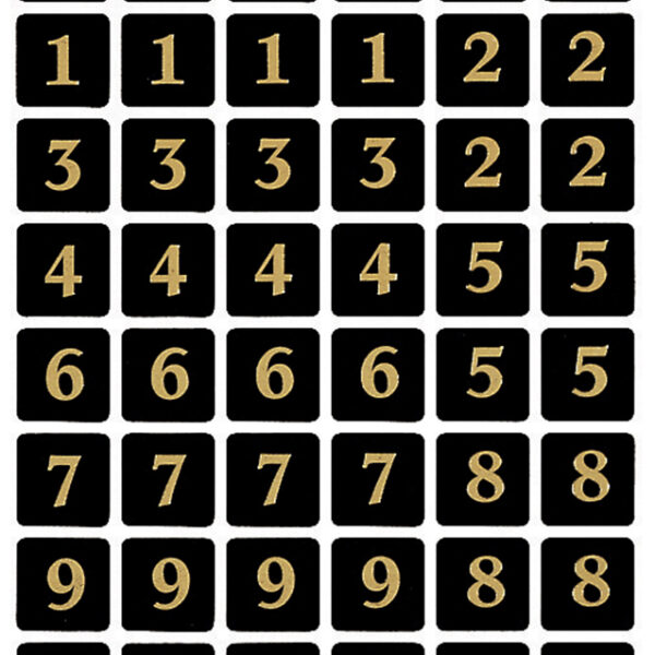 Genummerde Stickers 0-9, Gefolieerd Gegraveerd, Goud op Zwart