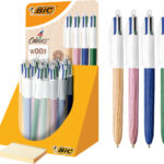 Bic balpennen 4 kleuren houten design, navulverpakking
