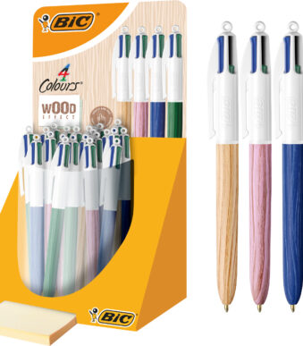 Bic balpennen 4 kleuren houten design, navulverpakking