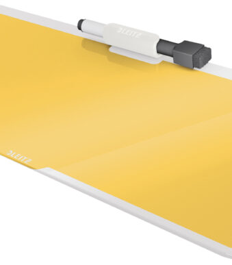 Leitz herinneringsbord van glas, comfortabel en geel voor op het bureau.