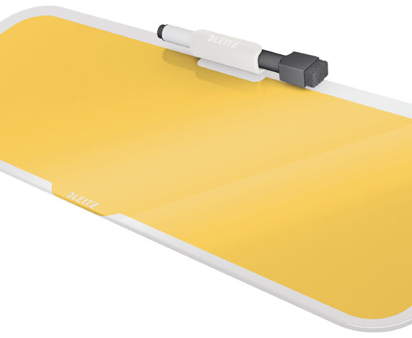 Leitz herinneringsbord van glas, comfortabel en geel voor op het bureau.