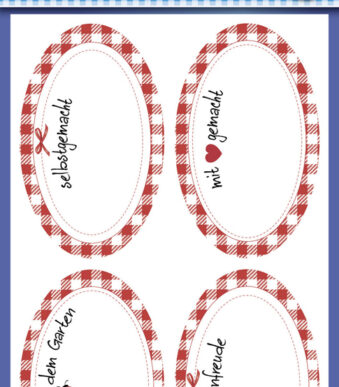 Huishoudelijke etiketten met ruitjespaptroon en opschrift