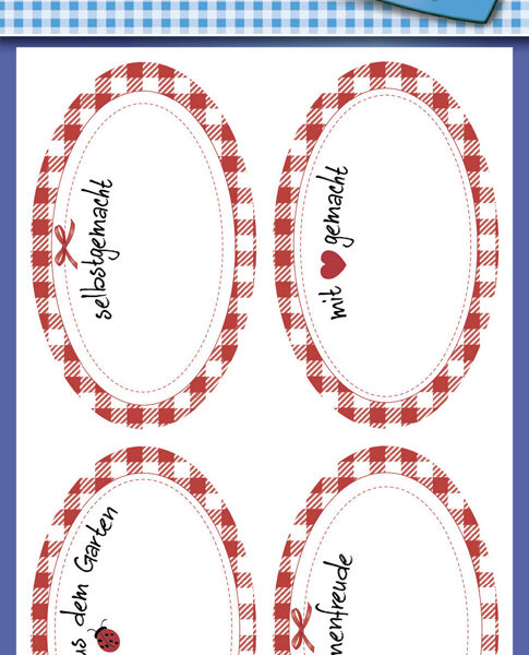 Huishoudelijke etiketten met ruitjespaptroon en opschrift