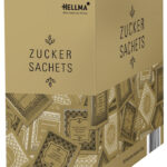 Gouden lijnsuikerzakjes in kartonnen doos.