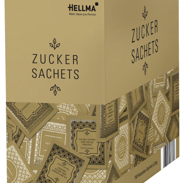 Gouden lijnsuikerzakjes in kartonnen doos.