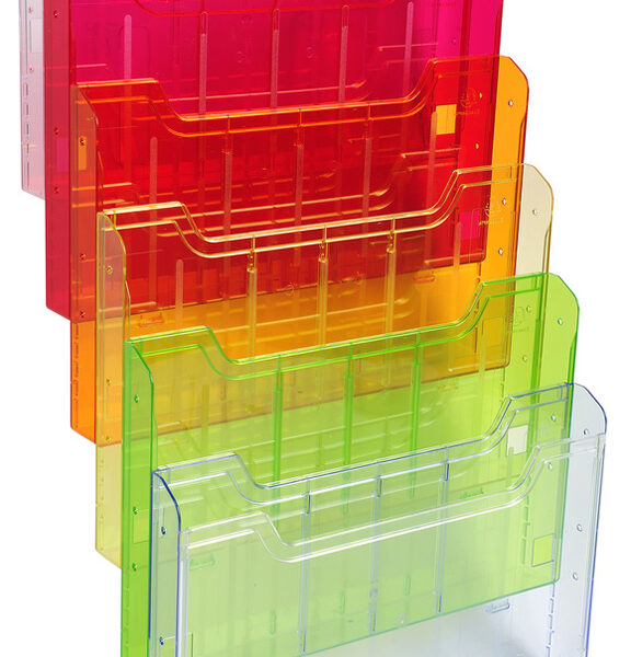 Muurbevestigde brochurehouder, A4 liggend, 6 vakken, harlekijnpatroon.