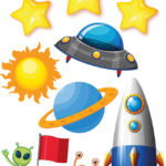 Strijkdecoratie voor zelfgemaakte stoffen schooltas, ruimtevaart-thema.