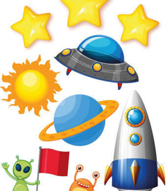 Strijkdecoratie voor zelfgemaakte stoffen schooltas, ruimtevaart-thema.