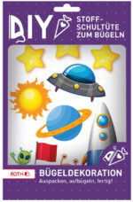 Strijkdecoratie voor zelfgemaakte stoffen schooltas, ruimtevaart-thema.