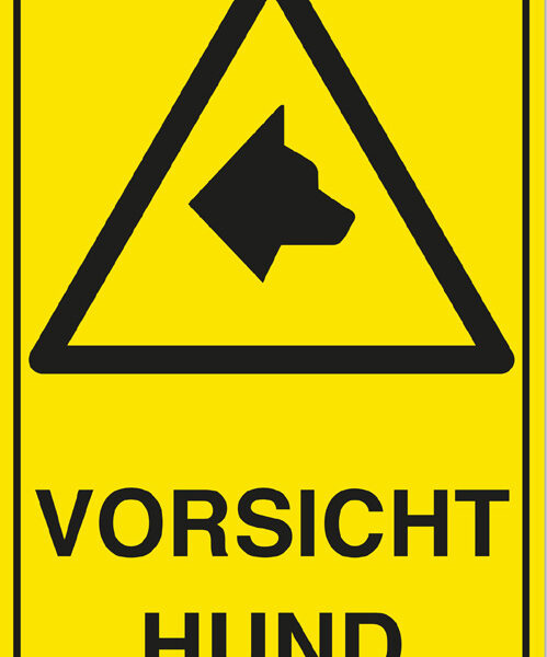 Waarschuwingsbord 'Pas op hond', geel/zwart.