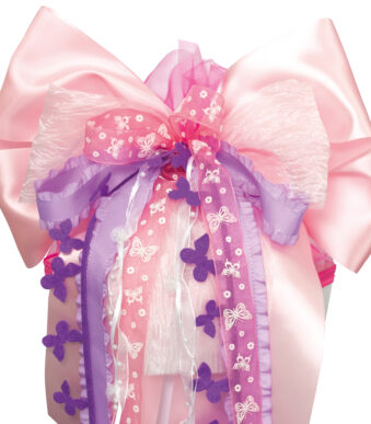 Grote vrolijk gekleurde vlinderstrik voor schooltas, roze/paars