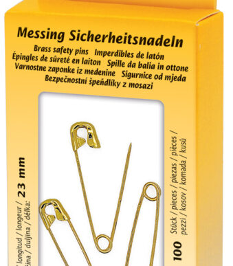 Veiligheidsspelden, messing, in metalen doosje
