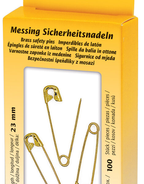 Veiligheidsspelden, messing, in metalen doosje