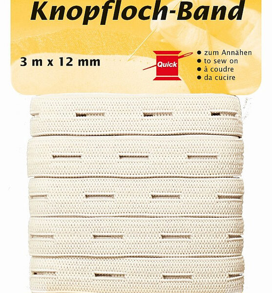 Knopengat-band, 12 mm x 3 m, wit