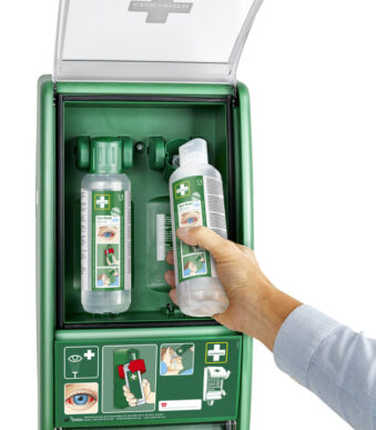 Oogdouche-station met oogzalfdispenser